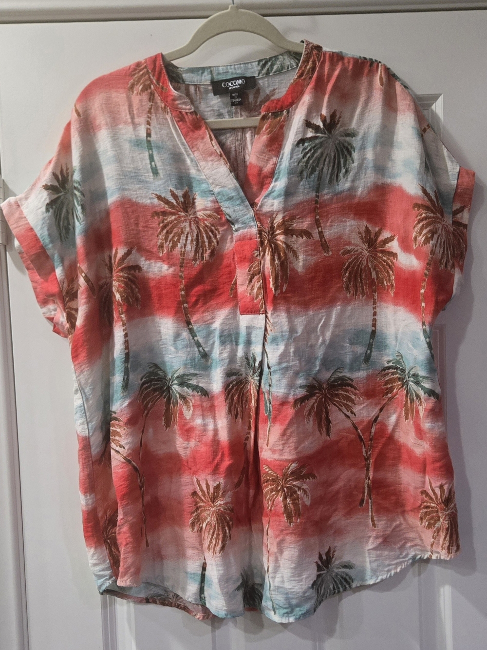 Cocomo Coral and Aqua Palm-Print Short Sleeve Top
